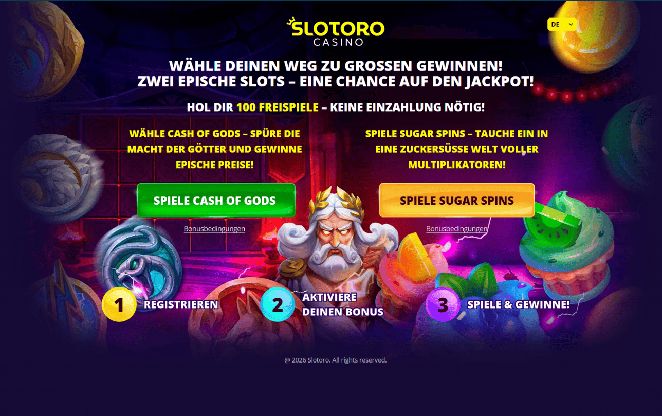 Slotoro – 100 Freispiele für Sugar Spins oder Cash of Gods